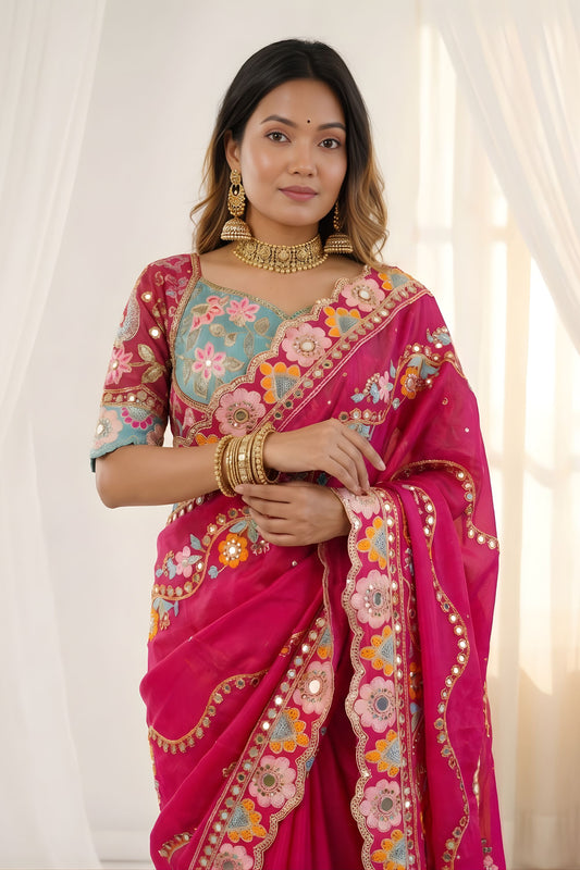 Beautifull Rani Pink Rangoli Silk Saree Embroidered Border Blouse Piece for Wedding