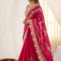 Beautifull Rani Pink Rangoli Silk Saree Embroidered Border Blouse Piece for Wedding