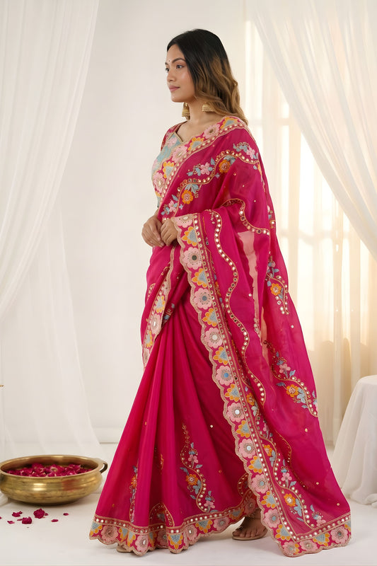 Beautifull Rani Pink Rangoli Silk Saree Embroidered Border Blouse Piece for Wedding