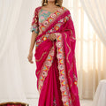 Beautifull Rani Pink Rangoli Silk Saree Embroidered Border Blouse Piece for Wedding