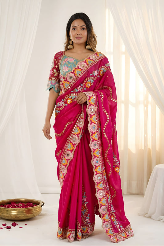 Beautifull Rani Pink Rangoli Silk Saree Embroidered Border Blouse Piece for Wedding