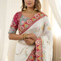 Stylish White Rangoli Silk Saree Embroidered Border Blouse Piece for Wedding