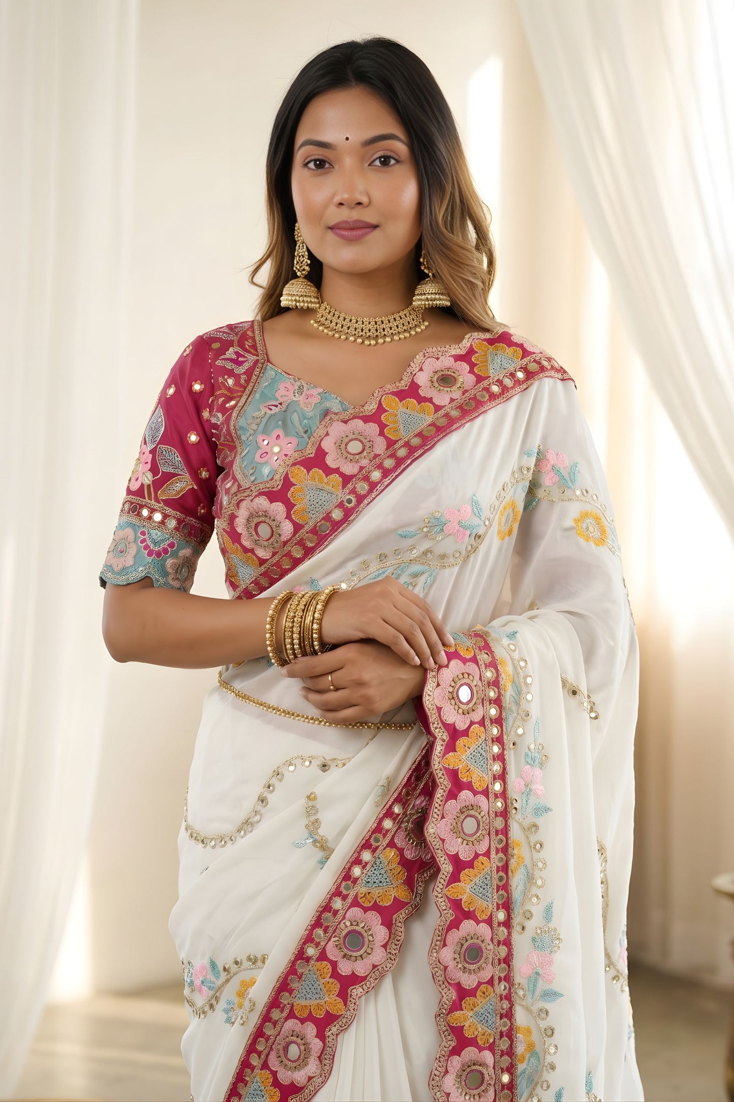 Stylish White Rangoli Silk Saree Embroidered Border Blouse Piece for Wedding