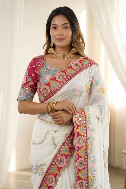 Stylish White Rangoli Silk Saree Embroidered Border Blouse Piece for Wedding