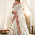 Stylish White Rangoli Silk Saree Embroidered Border Blouse Piece for Wedding