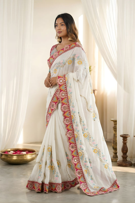 Stylish White Rangoli Silk Saree Embroidered Border Blouse Piece for Wedding