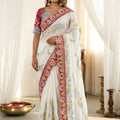 Elegant White Rangoli Silk Saree Embroidered Border Blouse Piece for Wedding