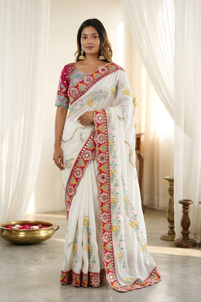 Elegant White Rangoli Silk Saree Embroidered Border Blouse Piece for Wedding