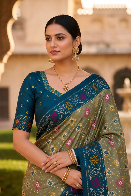 Elegant Olive Green Patola Silk Saree Woven Border for Wedding Wear