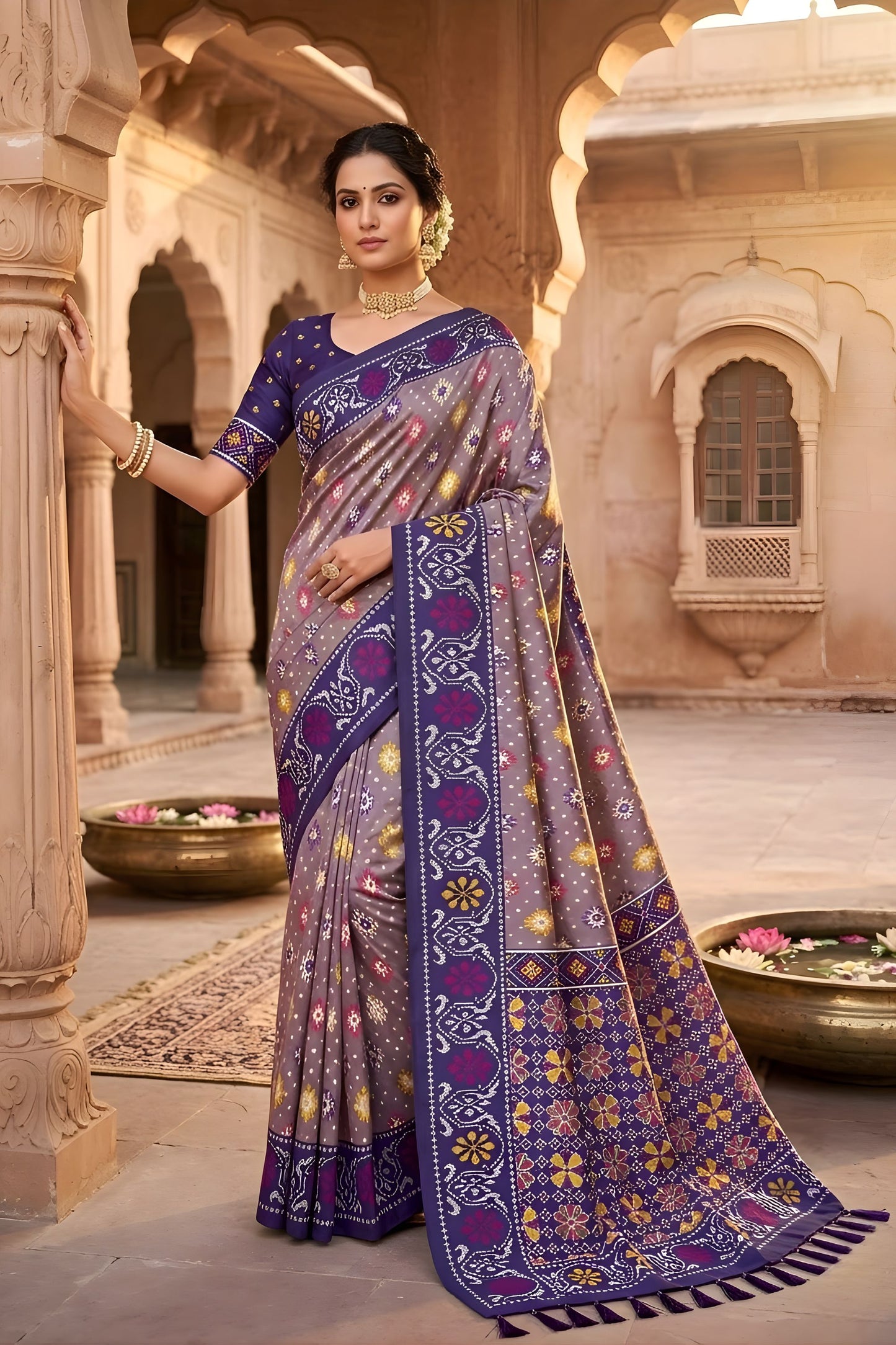 Graceful Lavender Patola Silk Saree Woven Border for Wedding Wear