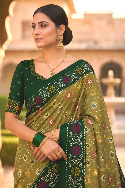 Royal Olive Green Patola Silk Saree Woven Border for Wedding Wear
