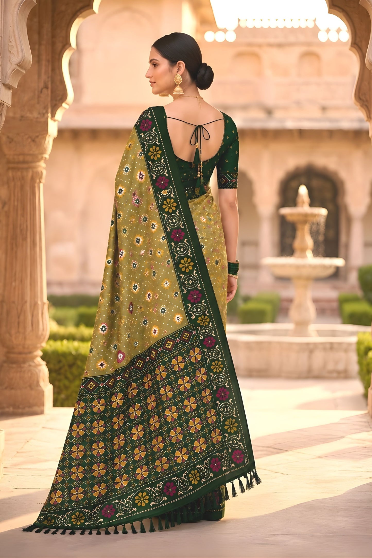 Royal Olive Green Patola Silk Saree Woven Border for Wedding Wear