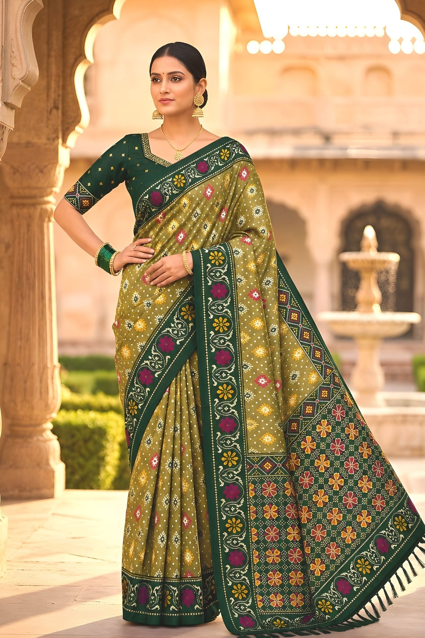Royal Olive Green Patola Silk Saree Woven Border for Wedding Wear