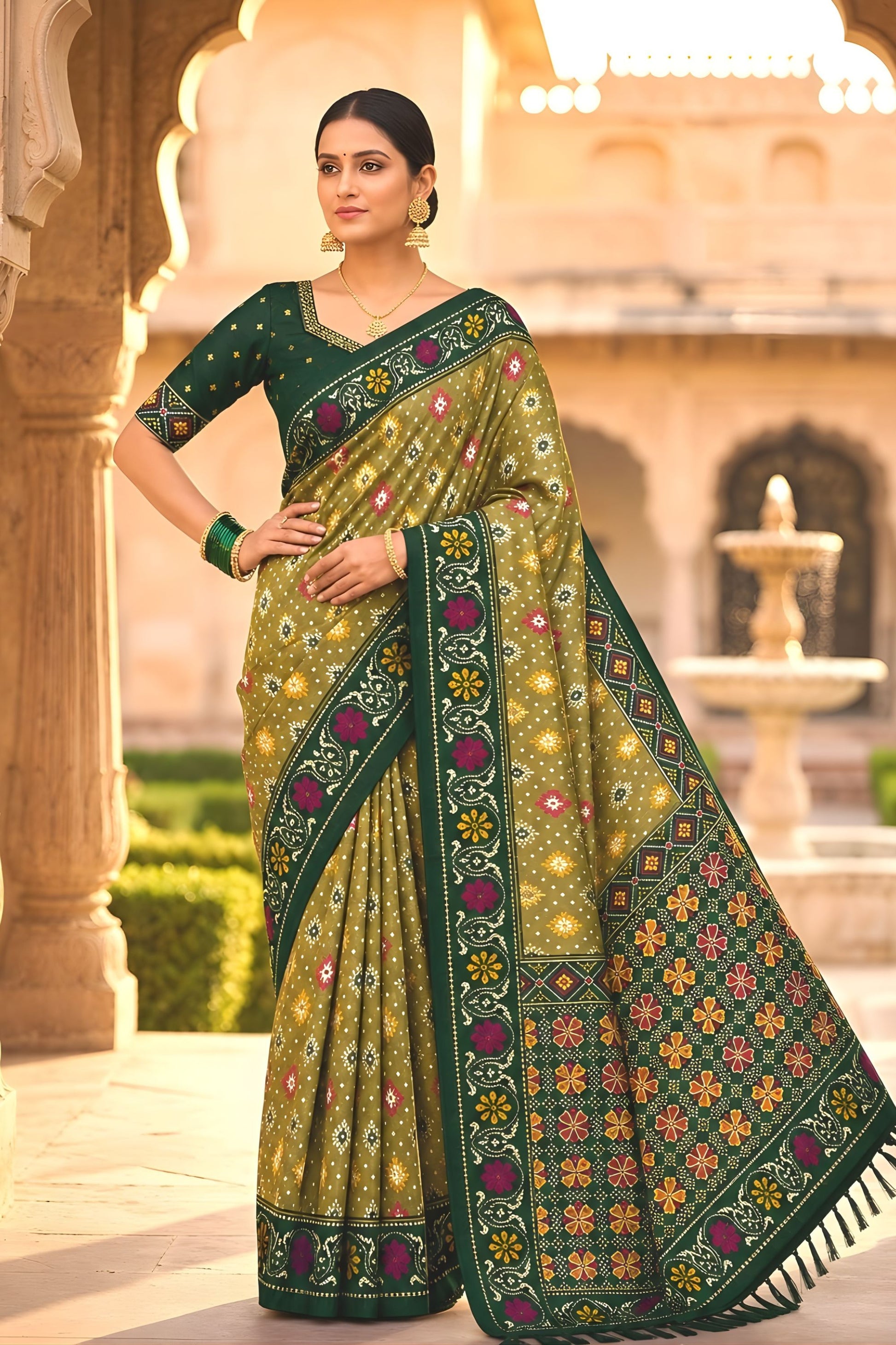 Royal Olive Green Patola Silk Saree Woven Border for Wedding Wear