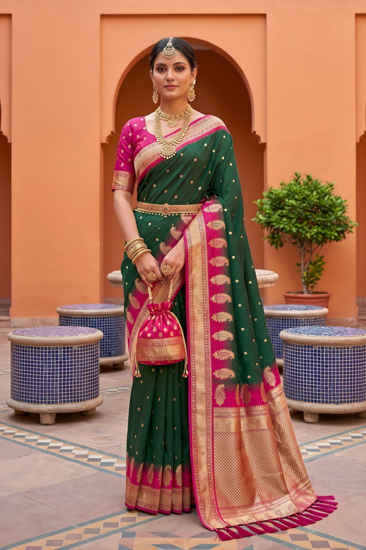 Royal Dark Green Soft Silk Saree Zari Woven Border for Wedding Wear