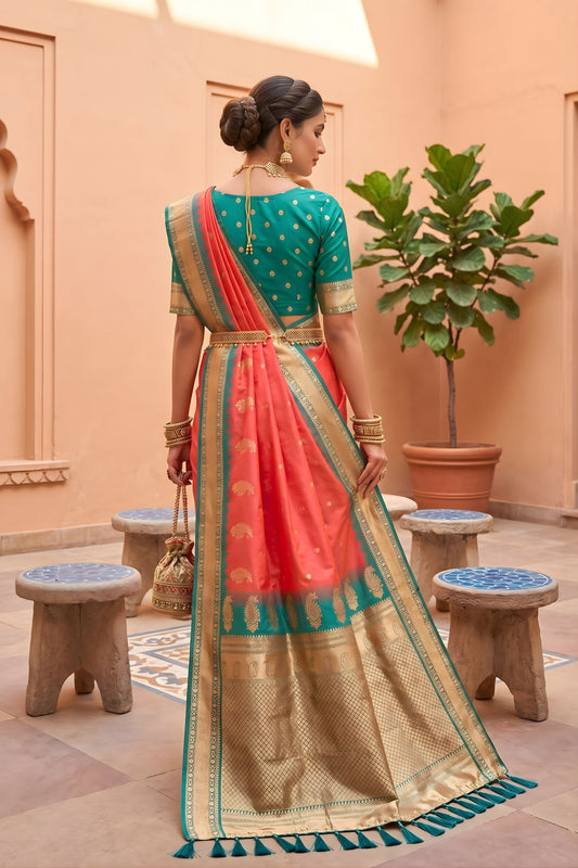 Beautiful Coral Pink Soft Silk Saree Zari Woven Border Wedding Wear