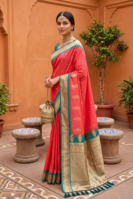 Beautiful Coral Pink Soft Silk Saree Zari Woven Border Wedding Wear