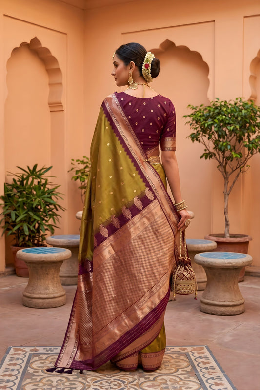 Elegant Olive Green Soft Silk Saree Woven Border for Wedding Wear