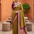 Elegant Olive Green Soft Silk Saree Woven Border for Wedding Wear