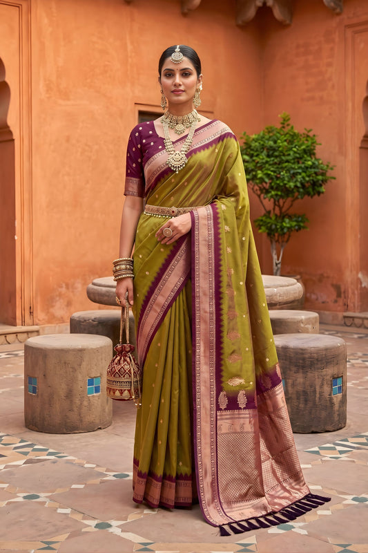 Elegant Olive Green Soft Silk Saree Woven Border for Wedding Wear