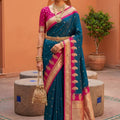 Royal Teal Blue Soft Silk Saree Woven Border for Wedding Wear