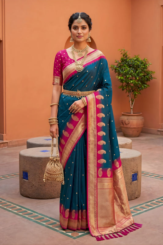 Royal Teal Blue Soft Silk Saree Woven Border for Wedding Wear