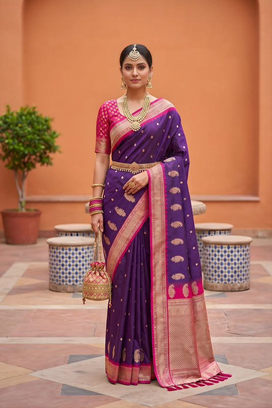Elegant Purple Soft Silk Saree Zari Woven Border Wedding Wear