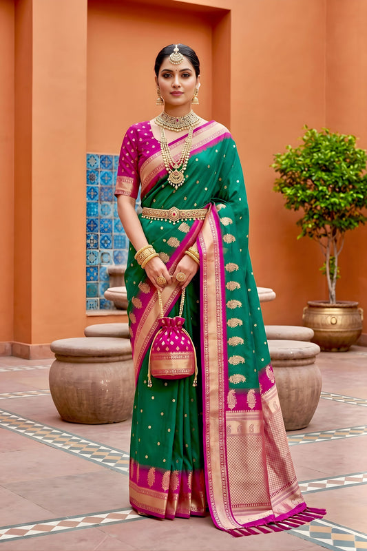 Royal Emerald Green Soft Silk Saree Zari Woven Border Wedding Wear