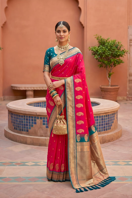 Luxury Rani Pink Soft Silk Saree Zari Woven Border for Wedding Wear