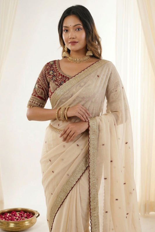 Elegant Beige Rangoli Silk Embroidered Saree Blouse for Wedding