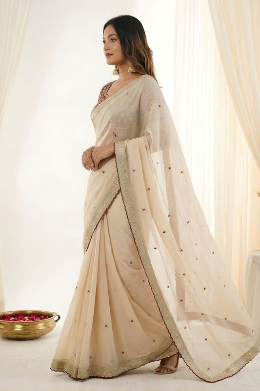 Elegant Beige Rangoli Silk Embroidered Saree Blouse for Wedding