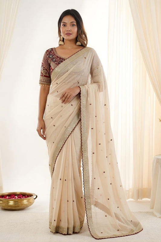Elegant Beige Rangoli Silk Embroidered Saree Blouse for Wedding