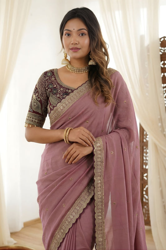Wonderfull Dusty Mauve Rangoli Silk Embroidered Saree Blouse For Wedding
