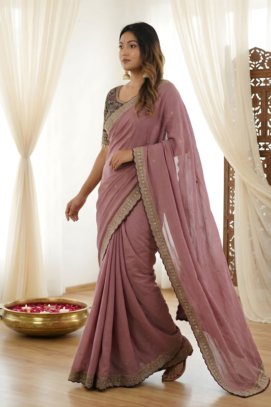 Wonderfull Dusty Mauve Rangoli Silk Embroidered Saree Blouse For Wedding