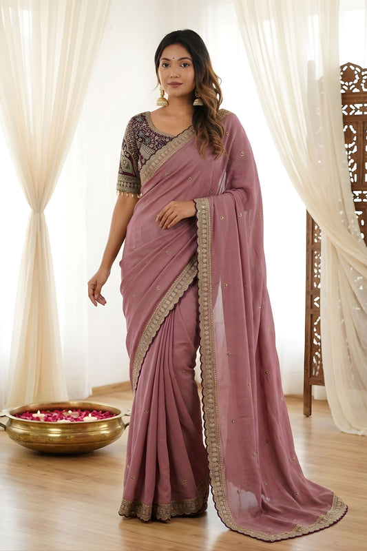 Wonderfull Dusty Mauve Rangoli Silk Embroidered Saree Blouse For Wedding