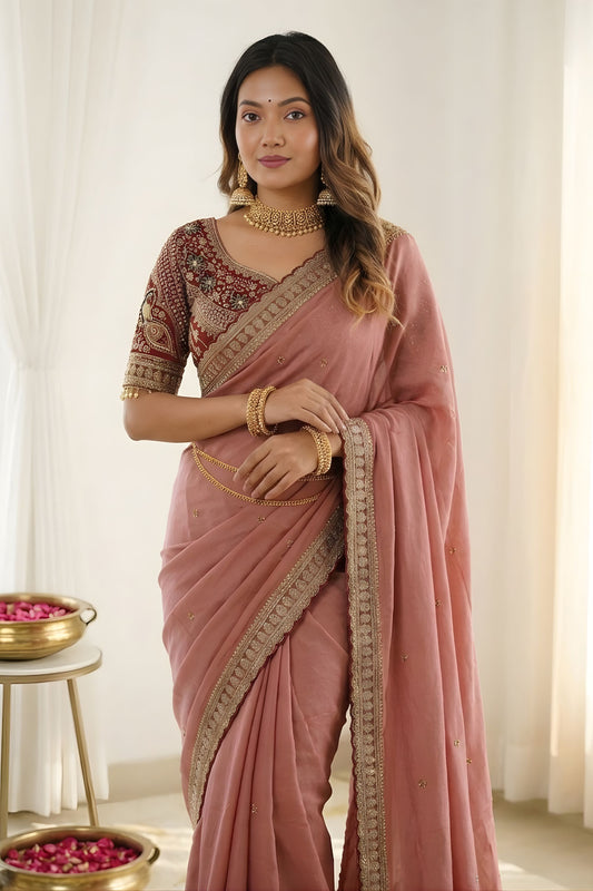 Beautiful Dusty Pink Rangoli Silk Embroidered Saree Blouse for Wedding