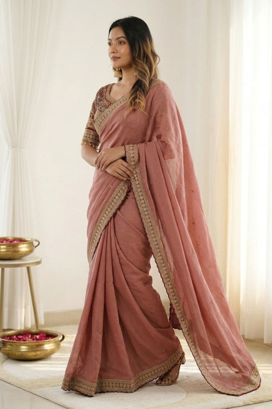 Beautiful Dusty Pink Rangoli Silk Embroidered Saree Blouse for Wedding