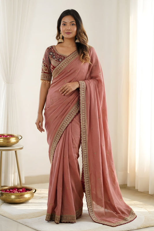 Beautiful Dusty Pink Rangoli Silk Embroidered Saree Blouse for Wedding