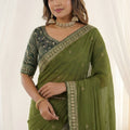 Elegant Olive Green Rangoli Silk Embroidered Saree Blouse for Wedding