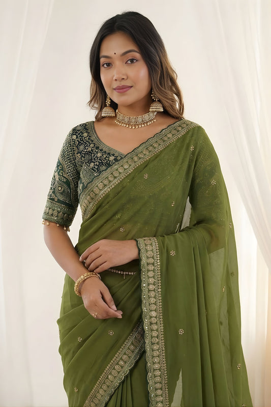 Elegant Olive Green Rangoli Silk Embroidered Saree Blouse for Wedding