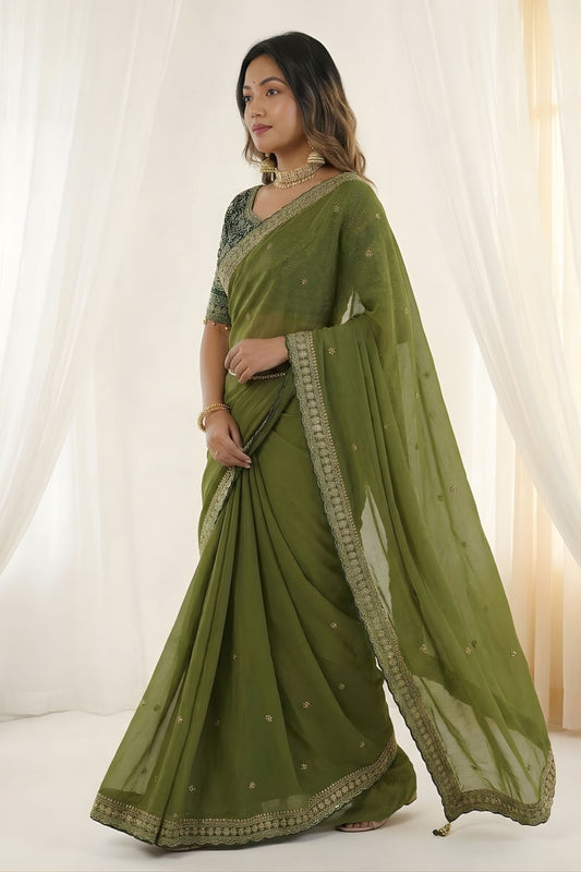 Elegant Olive Green Rangoli Silk Embroidered Saree Blouse for Wedding