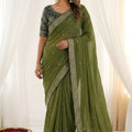 Elegant Olive Green Rangoli Silk Embroidered Saree Blouse for Wedding