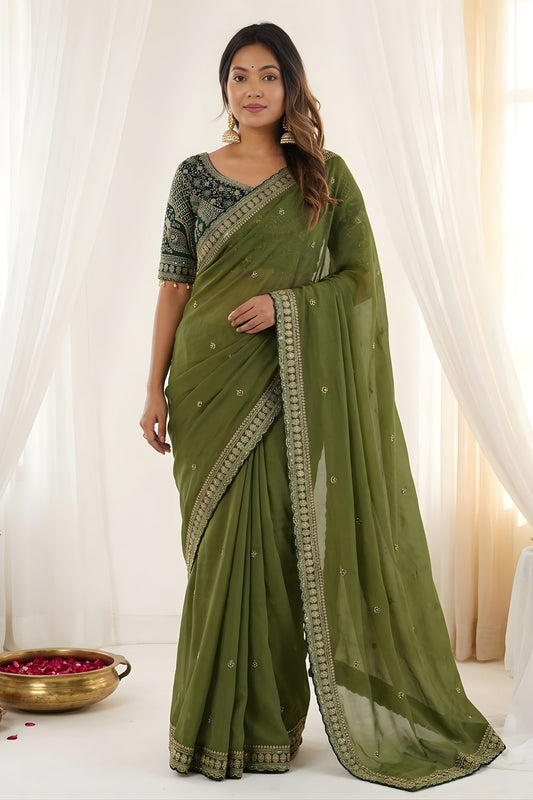 Elegant Olive Green Rangoli Silk Embroidered Saree Blouse for Wedding