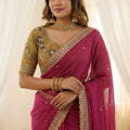 Luxury Wine Rangoli Silk Embroidered Saree Blouse for Wedding