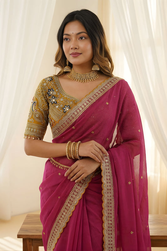 Luxury Wine Rangoli Silk Embroidered Saree Blouse for Wedding