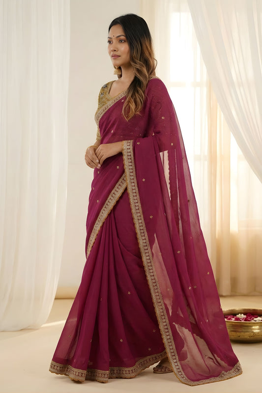 Luxury Wine Rangoli Silk Embroidered Saree Blouse for Wedding