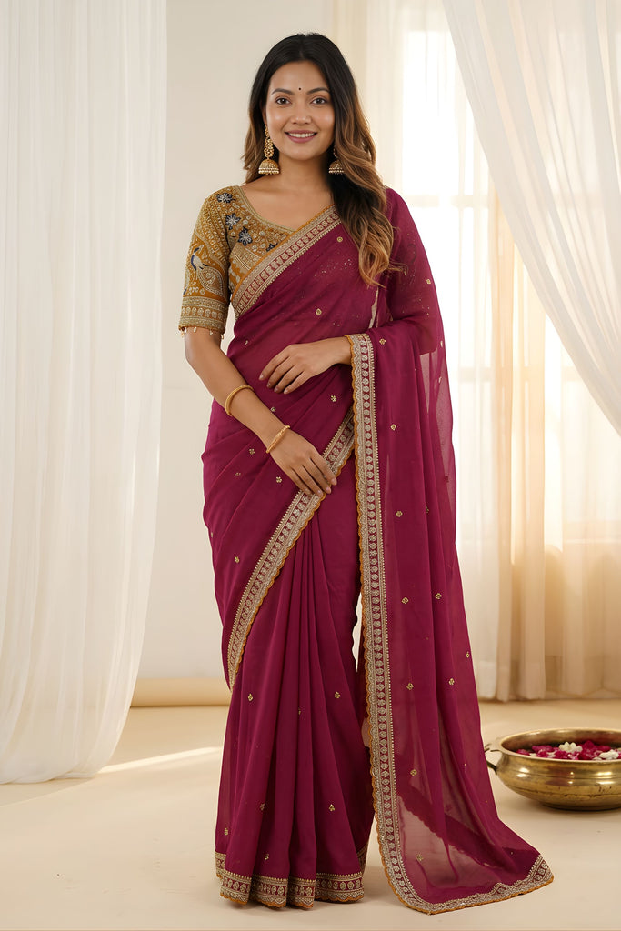 Luxury Wine Rangoli Silk Embroidered Saree Blouse for Wedding