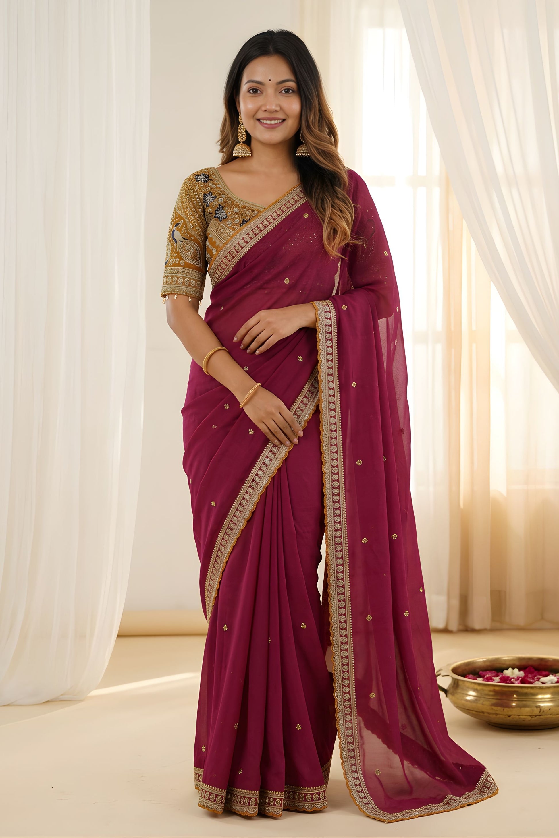 Luxury Wine Rangoli Silk Embroidered Saree Blouse for Wedding