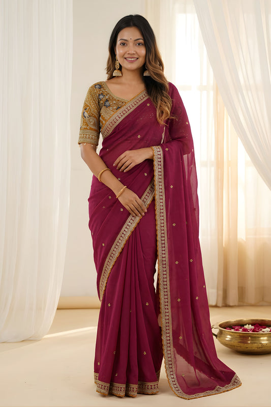 Luxury Wine Rangoli Silk Embroidered Saree Blouse for Wedding