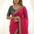 Elegant Rani Pink Rangoli Silk Embroidered SareeBlouse for Wedding